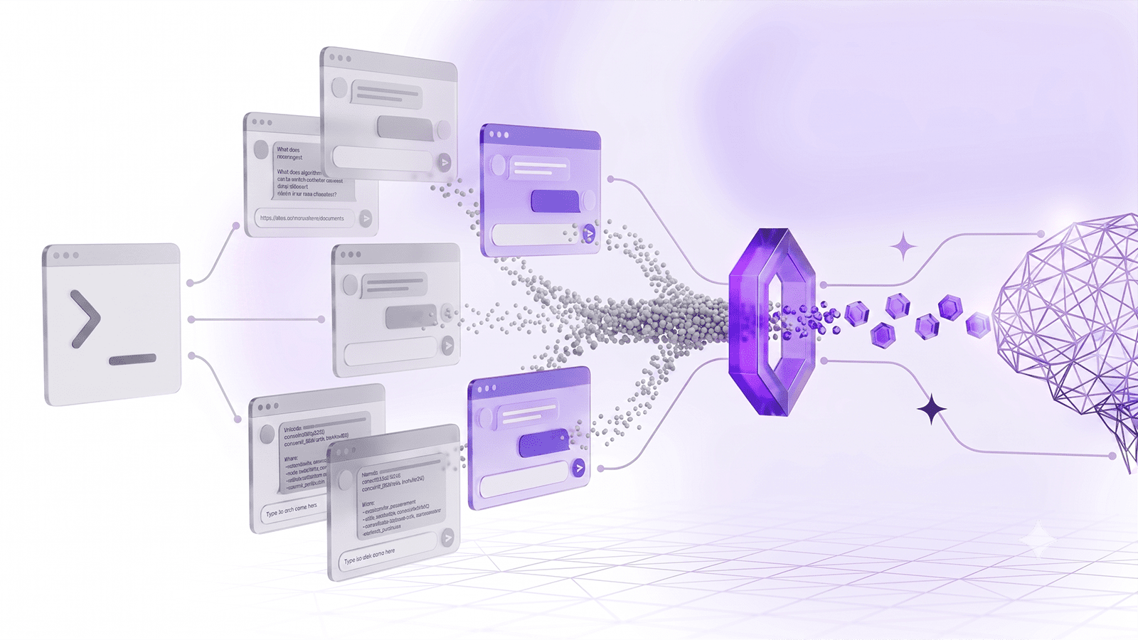 Abstract visualization of unseen AI data flows being brought into governed, protected channels.